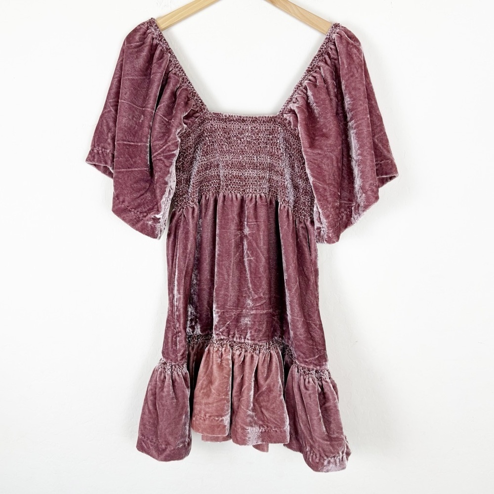 Free People Easy To Love Mini Dress Pink Velvet Smocked Bow Fairy Babydoll - Picture 2 of 11